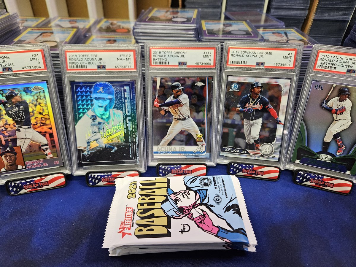 1 free stand with 1 graded Acuna and a sealed hobby pack each to 5 different followers who RT &amp; like. Winners picked Monday at ~10pm et. Reply which Acuna looks the coolest? Also let's go US only on this one for Memorial Day Weekend.