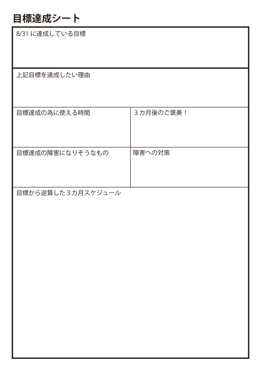 何それ、私もやりたかった!という方のエア参戦用に目標達成シート置いときます。

・目標は他人でも達成可否がわかるくらい定量的/具体的に
・使える時間を洗い出し、どう考えても時間内に達成が無理な目標は立てない
・3カ月後から逆算し月単位、できれば週単位で達成の為の行動を決める 