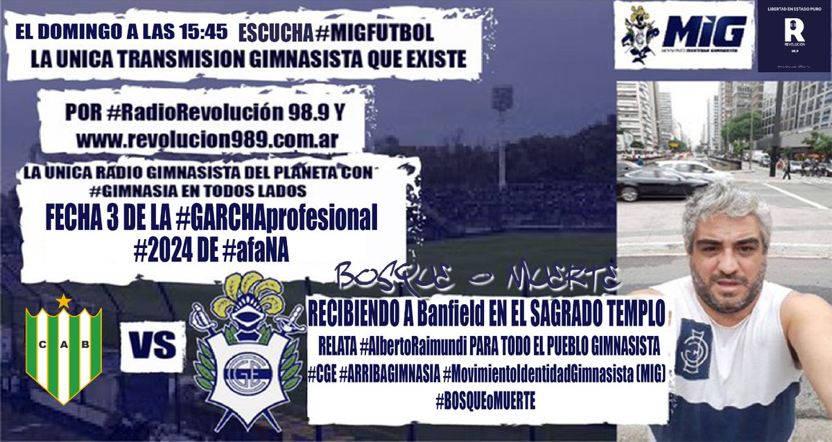 EL DOMINGO A LAS 15.45 ESCUCHA #MIGFUTBOL LA UNICA TRANSMISION GIMNASISTA QUE EXISTE CON #GIMNASIA EN TODOS LADOS RECIBIENDO A #Banfield #3 #GARCHAprofesional #2024 #afaNA EN EL #BOSQUE @M_IG @Revolucion989 @AlbertoRaimundi