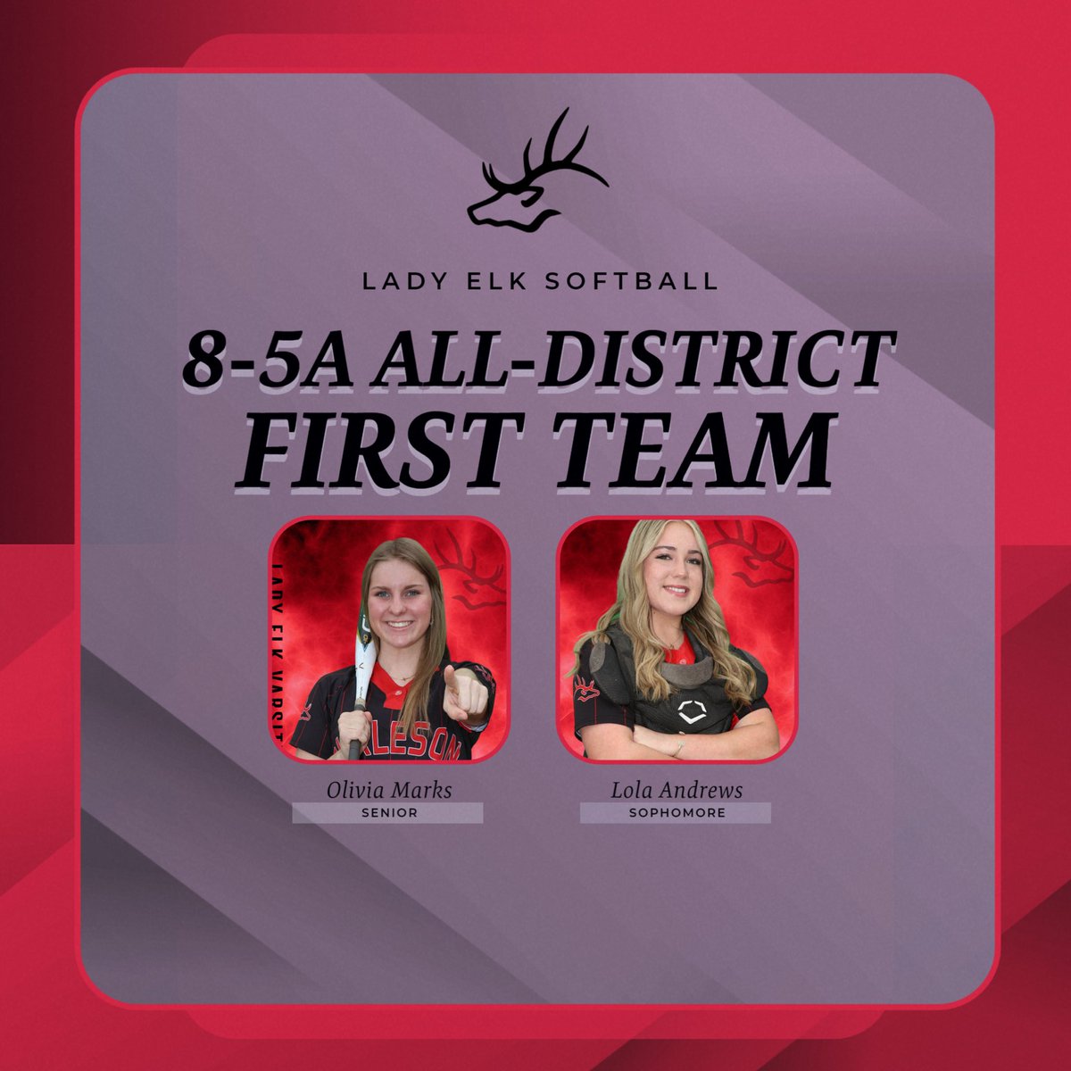 BhsElkSoftball's tweet photo. Congratulations to Senior 1B, Olivia Marks, and Sophomore C, Lola Andrews on being selected 1st Team All-District!!! https://t.co/ZR8mzmDON5