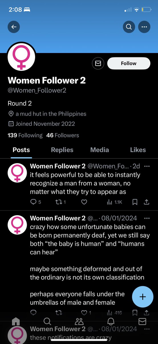 Head up this transphobic account is following a lot of transmascs/men. 

Block them cause they just wanna harass you @/Women_Follower2