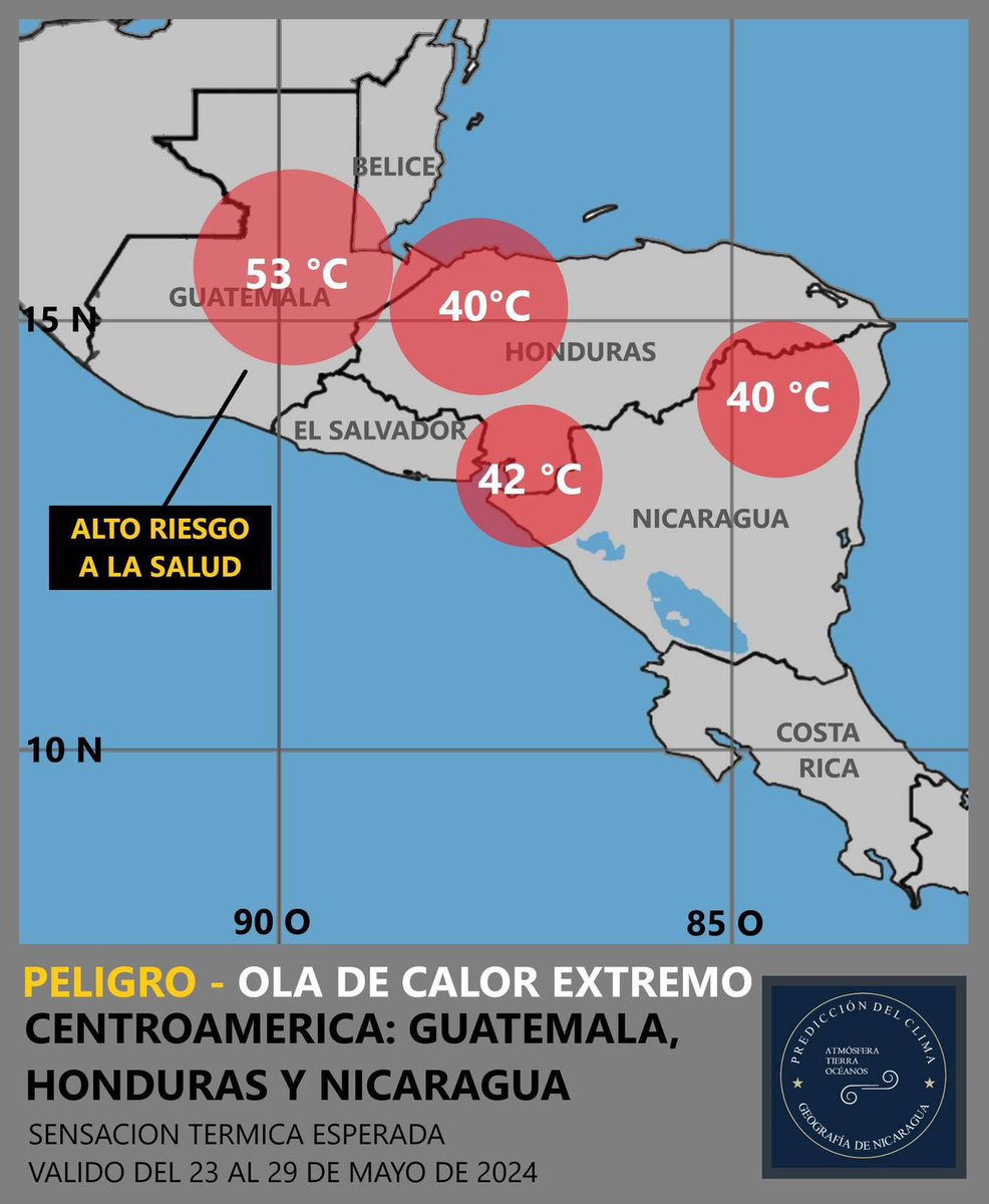 ATENTOS:
"Advierten sobre extrema ola de calor que golpeará a Centroamérica en los próximos 7 días que es perjudicial para la salud por deshidratación, fatiga, cansancio, desmayos, entre otros"