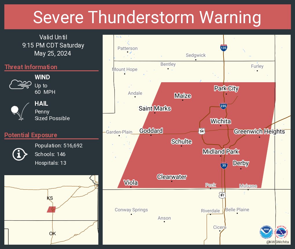Severe Thunderstorm Warning including Wichita KS, Derby KS and Haysville KS until 9:15 PM CDT