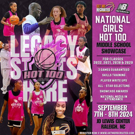 The GetMeRecruited National Hot 100 Girls Middle School Showcase is happening September 7-8th in Raleigh, NC and early bird registration is now open!!! Not only save money but secure your spot in this nationally recognized event that has seen players from all over the country!!!