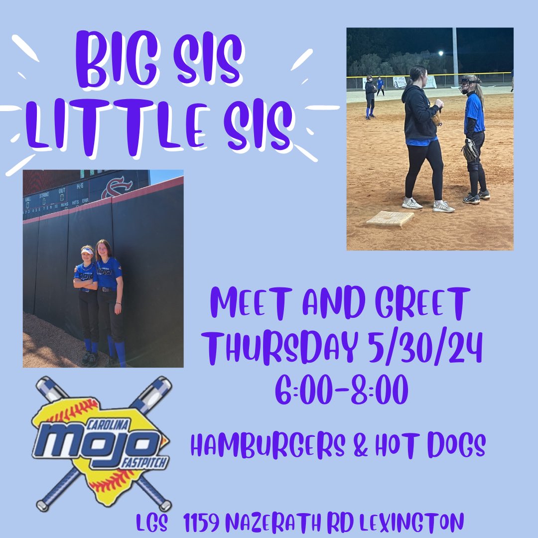Our first meet and greet to  launch the Mojo Big sis Little sis mentor program. 8u,10u,12u,14u,16u and 18u will be participating as the older players have been matched up with the younger players for a mentorship program.  
Looking forward to seeing this play out.