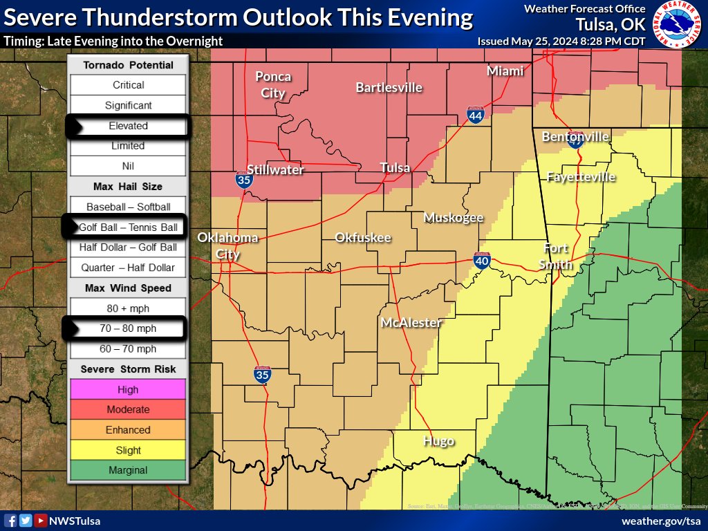 [8:30 PM 5/25/24] Severe weather is forecast to move through E OK this evening and into NW AR overnight. Have multiple ways to receive weather information and keep your electronic devices charged and on.