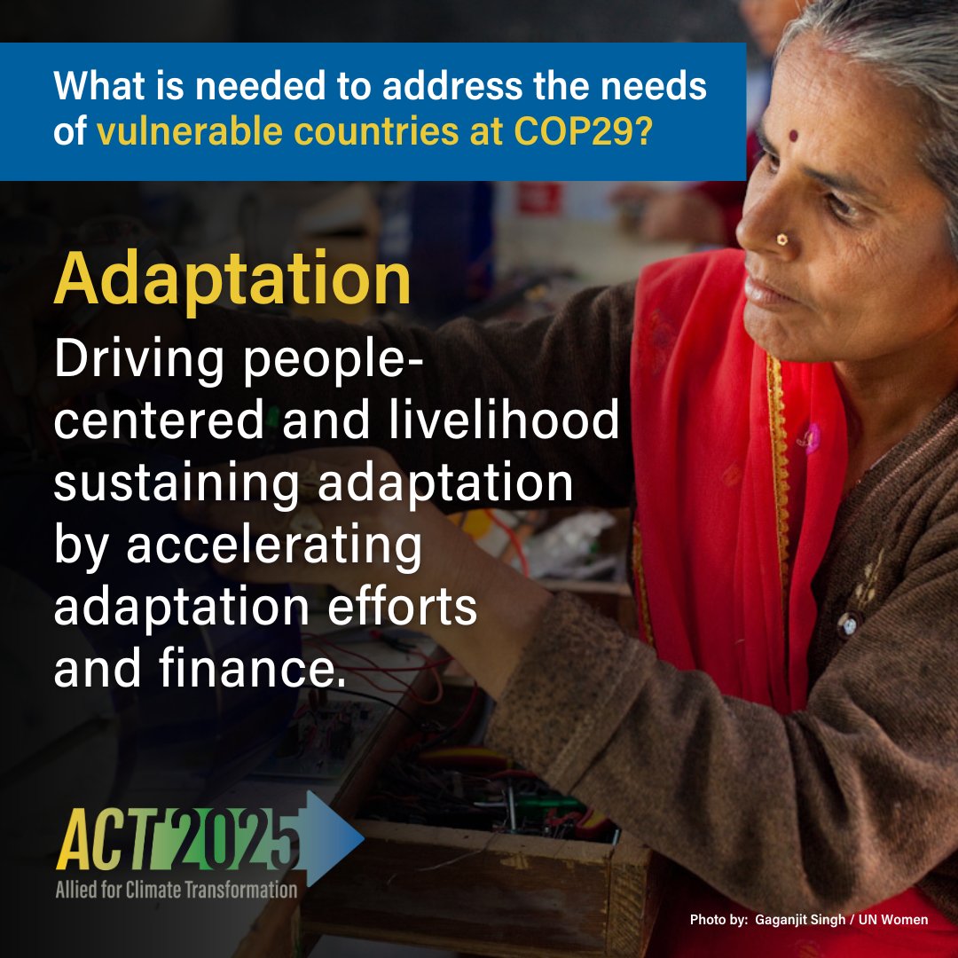 Support for #adaptation in developing countries falls far short of what's needed to address worsening climate impacts. #ACT2025 delivers a 4-pillar plan that lays out what must be achieved at #COP29 to meet the needs of climate-vulnerable countries: bit.ly/4bCn6VF