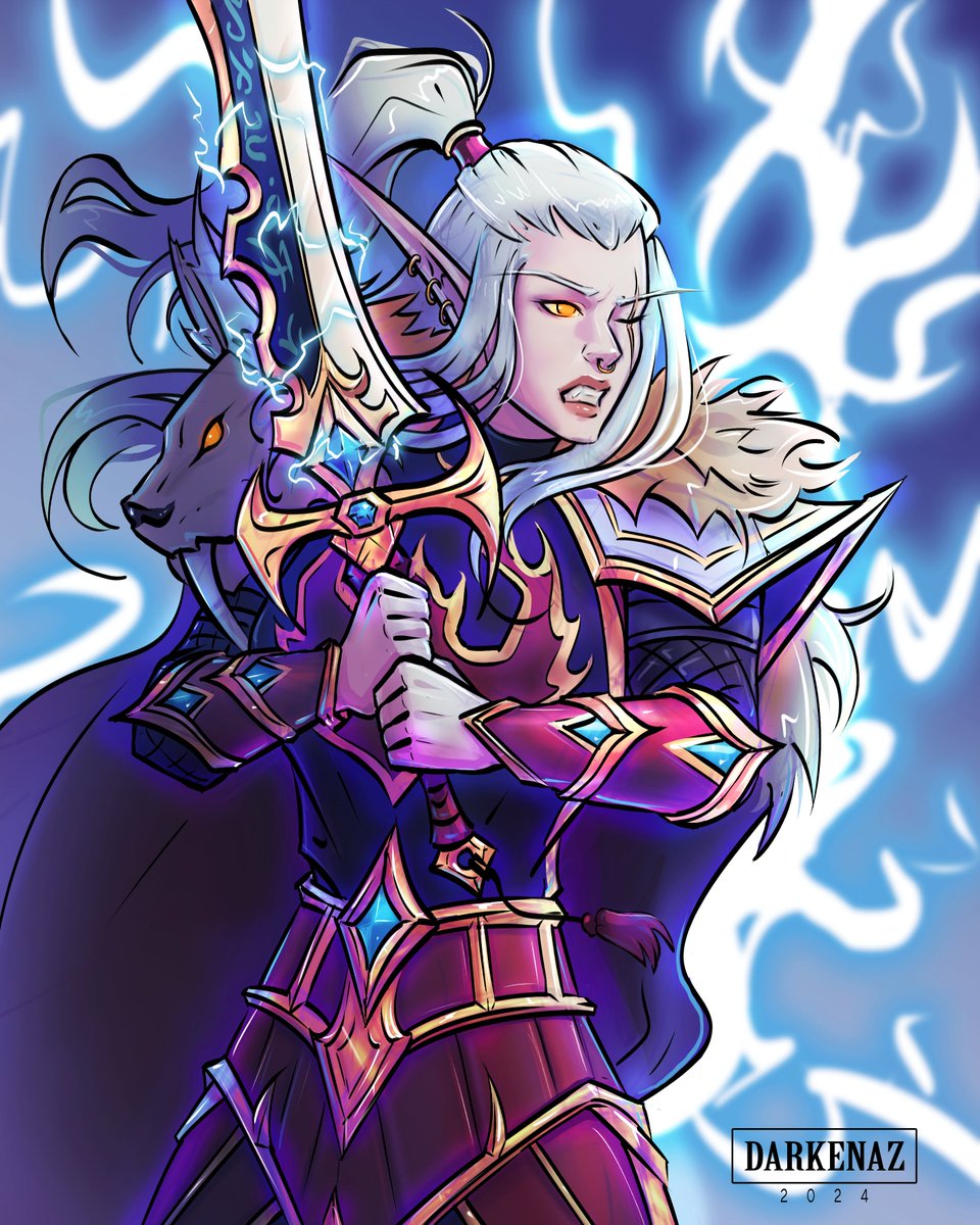 Captain Azaelena Grimsong and her family's runic greatsword, Stor'Endal. Meaning 'Storm's Breath' in common, the blade was forged and gifted to the family due to the military service of Elinith Grimsong and her Lynxes during the Troll Wars. Art by: @Darkenaz