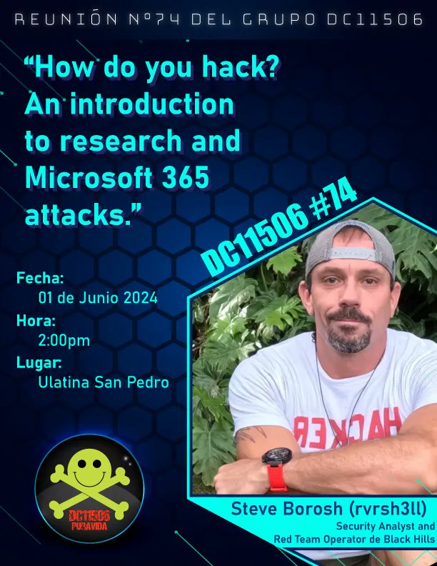 dc506 (@pwnedcr) on Twitter photo 🚨 ¡Invitado especial! Hola Comunidad, el próximo sábado 1 de junio tendremos nuestra reunión mensual #74. En esta ocasión tendremos con nosotros a 👨💻Steve Borosh (<a href="/rvrsh3ll/">Steve Borosh</a> ) Pentester y Red Team Operator en Black Hills Information Security🗻.
docs.google.com/forms/d/e/1FAI… 🚨 ¡Invitado especial! Hola Comunidad, el próximo sábado 1 de junio tendremos nuestra reunión mensual #74. En esta ocasión tendremos con nosotros a 👨💻Steve Borosh (<a href="/rvrsh3ll/">Steve Borosh</a> ) Pentester y Red Team Operator en Black Hills Information Security🗻.
docs.google.com/forms/d/e/1FAI…