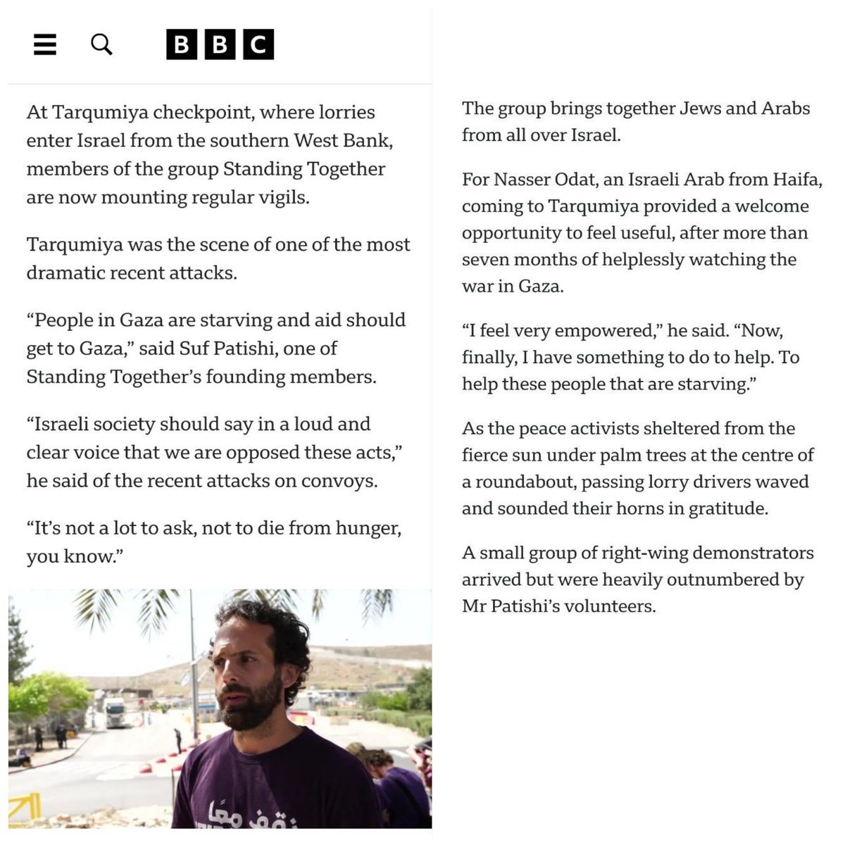 The BBC reports: We initiated the Humanitarian Guard to daily bring dozens of activists from Israel, both Jews & Arab-Palestinians, to Tarqumiya checkpoint, and defend the aid trucks carrying food to Gaza from Far-Right attackers. Support this effort: my.israelgives.org/en/fundme/aidp… 🟣