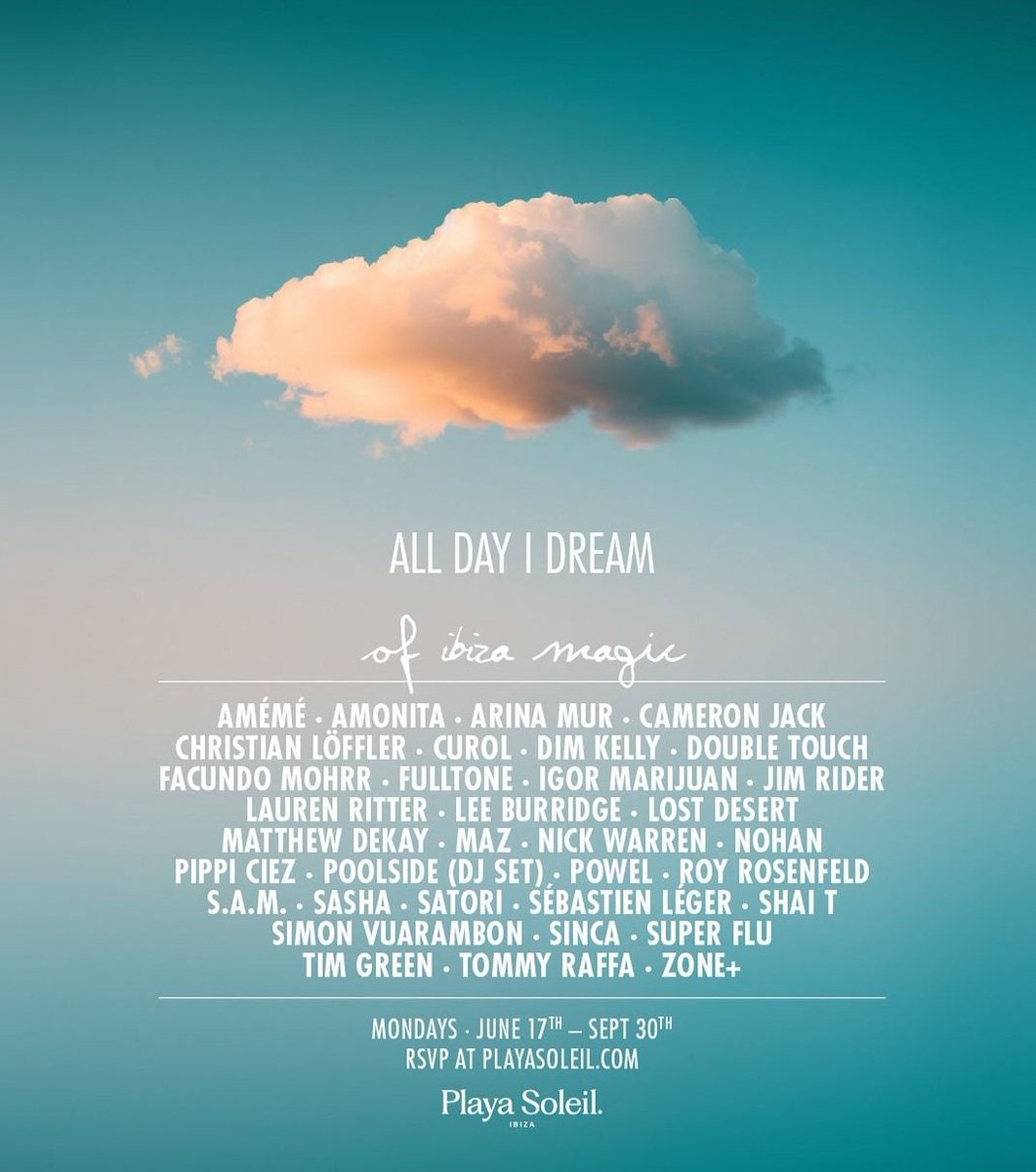 DJNickWarren's tweet photo. Beautiful lineup for @AllDayIDreamOf Ibiza season and I'm so excited to be a part of it in September with head honco @leebu and many other friends 💙☁️
#ADID #Ibiza https://t.co/5iTaWY1EmH