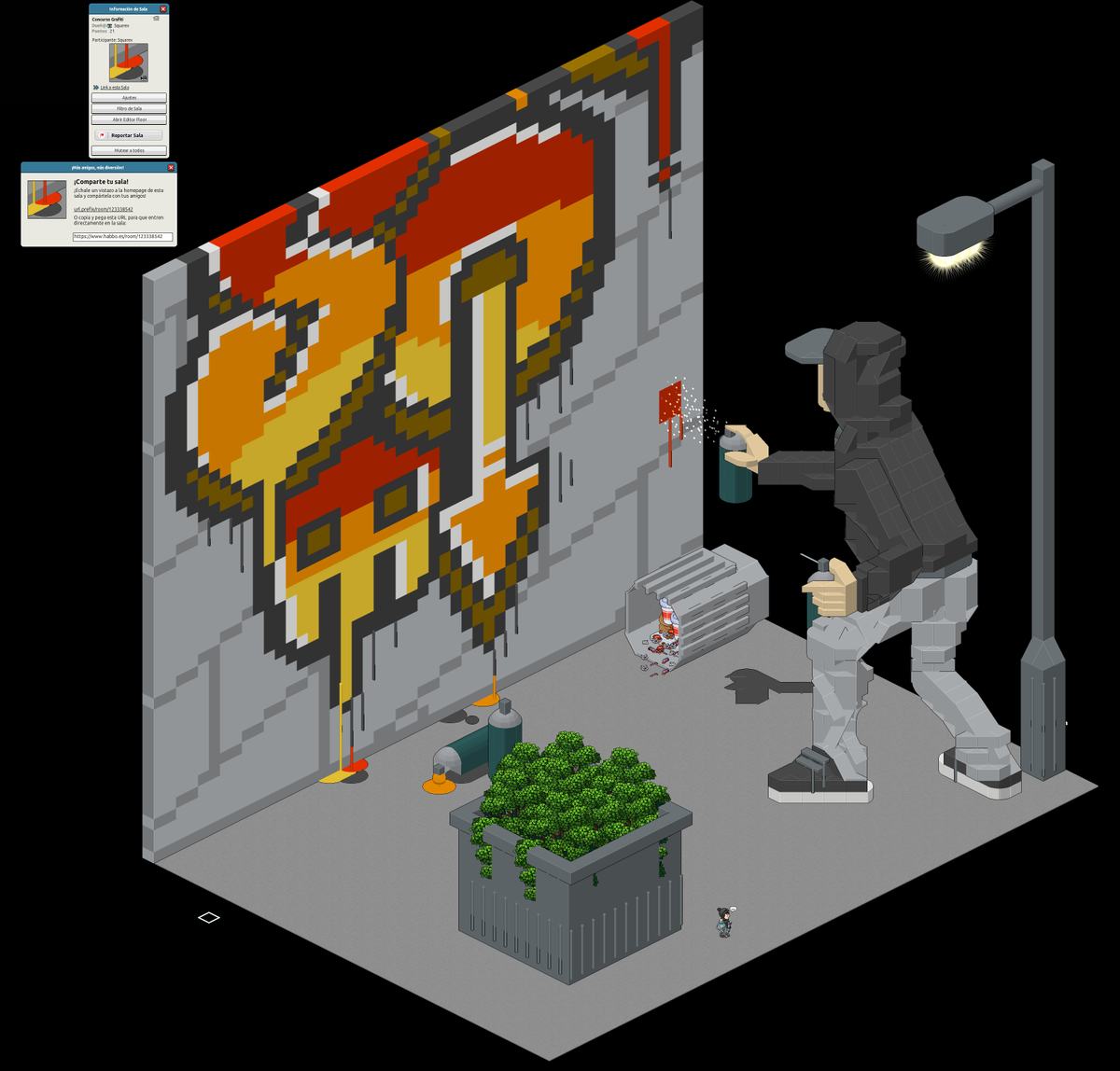 He aquí mi participación para el "Concurso Grafiti"
Participante: Squarex
Link de la imagen: i.imgur.com/Q6IXh7d.png
Link de la sala: habbo.es/room/123338542
<a href="/Habbo/">Habbo</a> <a href="/ESHabbo/">Habbo ES/MX</a>
