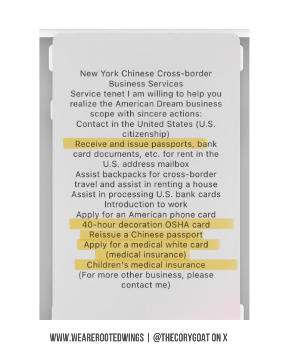 🚨We have obtained a service-advertisement flyer for illegal foreigners being shared in chats with tens of thousands of Chinese nationals active. The flyer advertises “New York Chinese cross border services” that include “receive and issue passports, 40 hour decoration OSHA