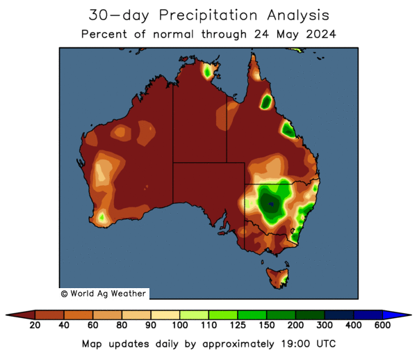 Australia is drying out, up.  Crop losses ahead.