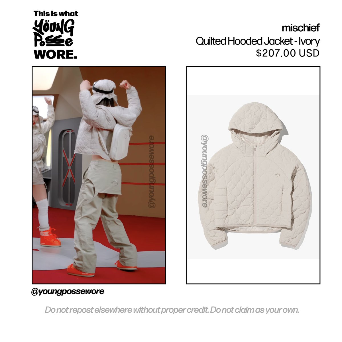 mischief
Quilted Hooded Jacket - Ivory
$207.00 USD

intl.heights-store.com/product/quilte…

<a href="/youngposseup/">YOUNG POSSE(영파씨)</a> #youngposse #youngpossewore #Sunhye #선혜 #Yeonjung #연정 #Jiana #지아나 #Doeun #도은 #Jieun #지은 #XXL