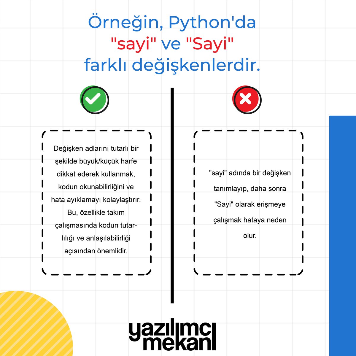 Birçok programcı, değişken adlarının büyük/küçük harf duyarlılığını göz ardı eder ve bu da hatalara yol açar. 

#yazılım #kodlama #programlama #developer #coder #algoritma #software #teknoloji #web #website #development #python