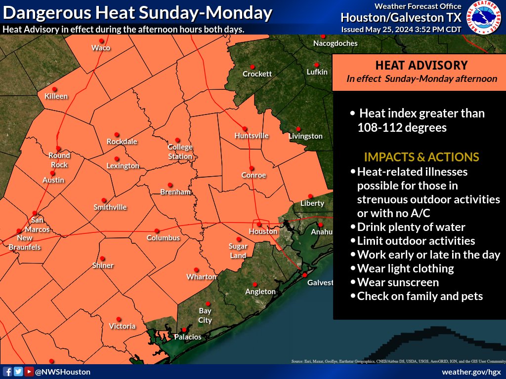 Heat Advisory Sun-Mon Afternoon Above normal temperatures/humidity will result in dangerous heat index values. If enjoying your holiday weekend outdoors, please remember to practice heat safety! Your Memorial Day is going to feel more like August than May. #HOUwx #BCSwx #TXwx