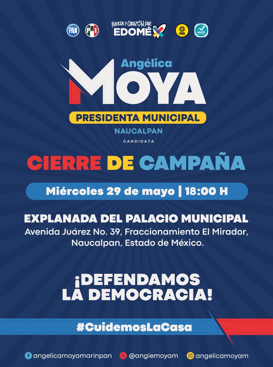 angiemoyam's tweet photo. 💙 ❤️ 💛 El próximo miércoles 29 de mayo nos vemos en la explanada del Palacio Municipal para cerrar con toda la energía y pasión esta campaña que nos llevará a derrotar una vez más a los saqueadores de Morena.

✊ ¡Defendamos la democracia!

📅 Miércoles 29 de mayo.

⏰ 18:00 horas.

📍 Explanada del Palacio Municipal, Avenida Juárez No. 39, Fraccionamiento El Mirador, Naucalpan, Estado de México.

🤝 Juntos #CuidemosLaCasa.

#FuerzaYCorazónXEdoMex #LaResistencia #NaucalPAN