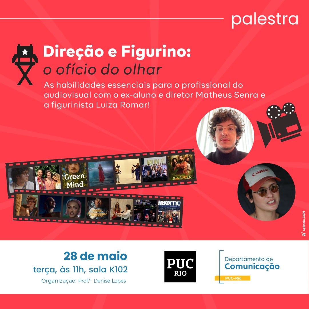 Matheus Senra, diretor, e Luiza Romar, figurinista, vêm à PUC-Rio para uma conversa sobre suas trajetórias profissionais. Eles já dividiram diversos projetos de dramaturgia na Rede TV Globo, e vão discutir as habilidades mais importantes para um profissional do audiovisual.