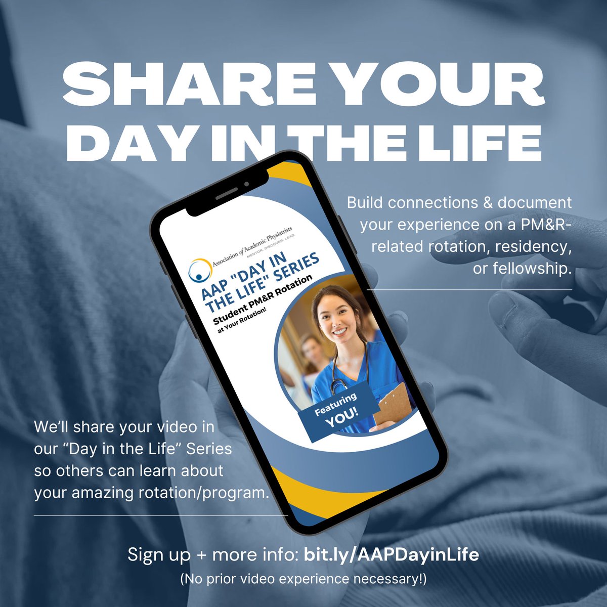 In a PM&R rotation/residency/fellowship? Share a day in your life so others can learn about your experience! 🧑‍⚕️ Past students have even said their video was a big interview talking point + matched at the program they featured 👀 Sign up/info: bit.ly/AAPDayinLife #Physiatry