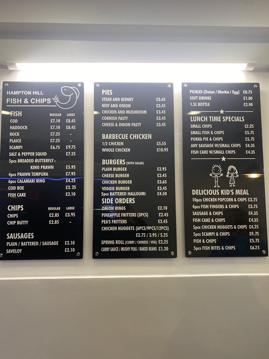 Folks this👇is price list From a good chippy I go to; how do these prices compare to yours? What I find a bit Xy is Large Chios £3.95 I used to be able to buy a whole bloody chicken for that much; Not sure if it’s my eyesight but my Med Cod seems to get a bit smaller recently!🤷‍♂️