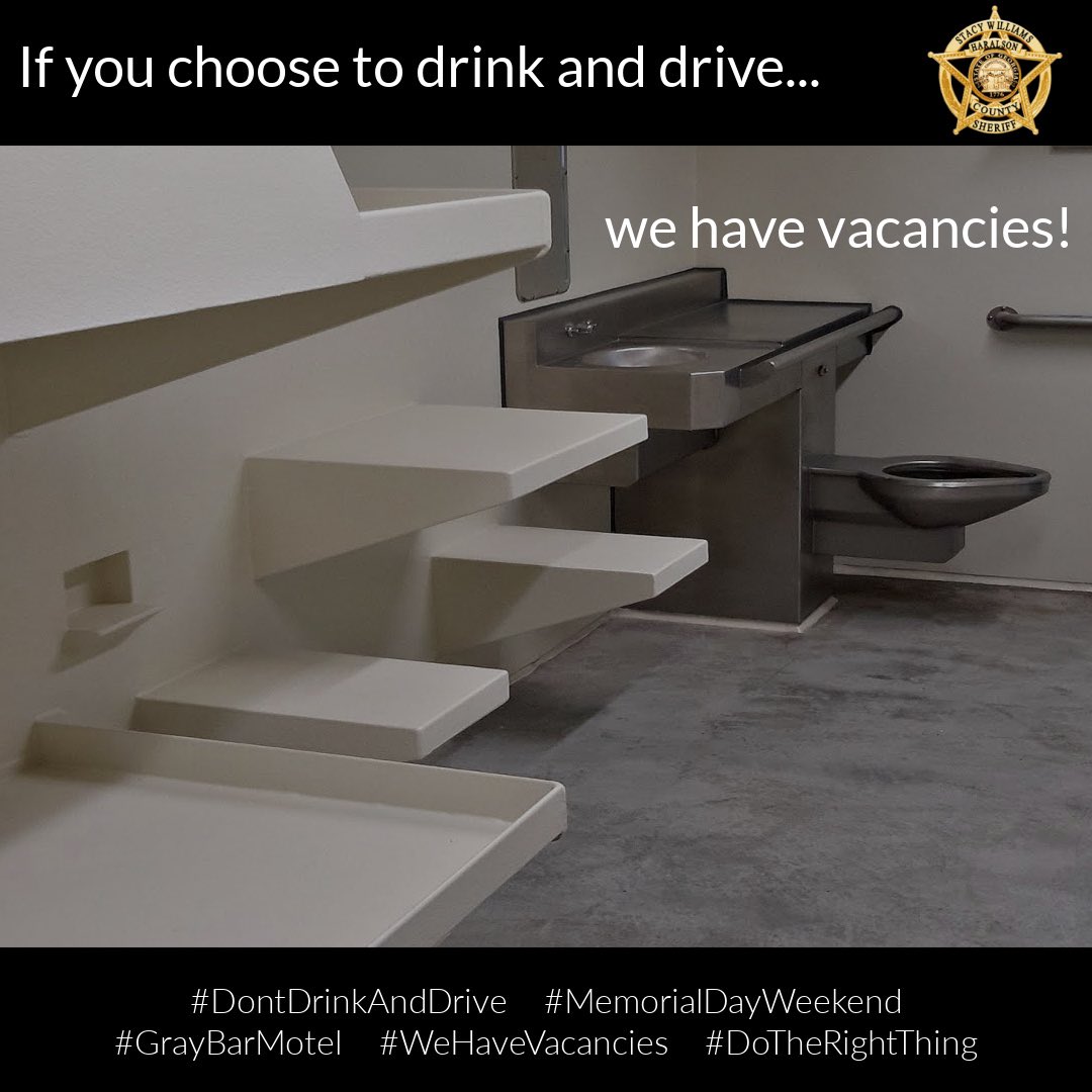 Just a friendly reminder folks, if you make the bad choice to drink and drive, we do have vacancies…..
 
#DontDrinkAndDrive
#MakeGoodChoices
#DoTheRightThing 
#WeHaveVacancies
#HCSO