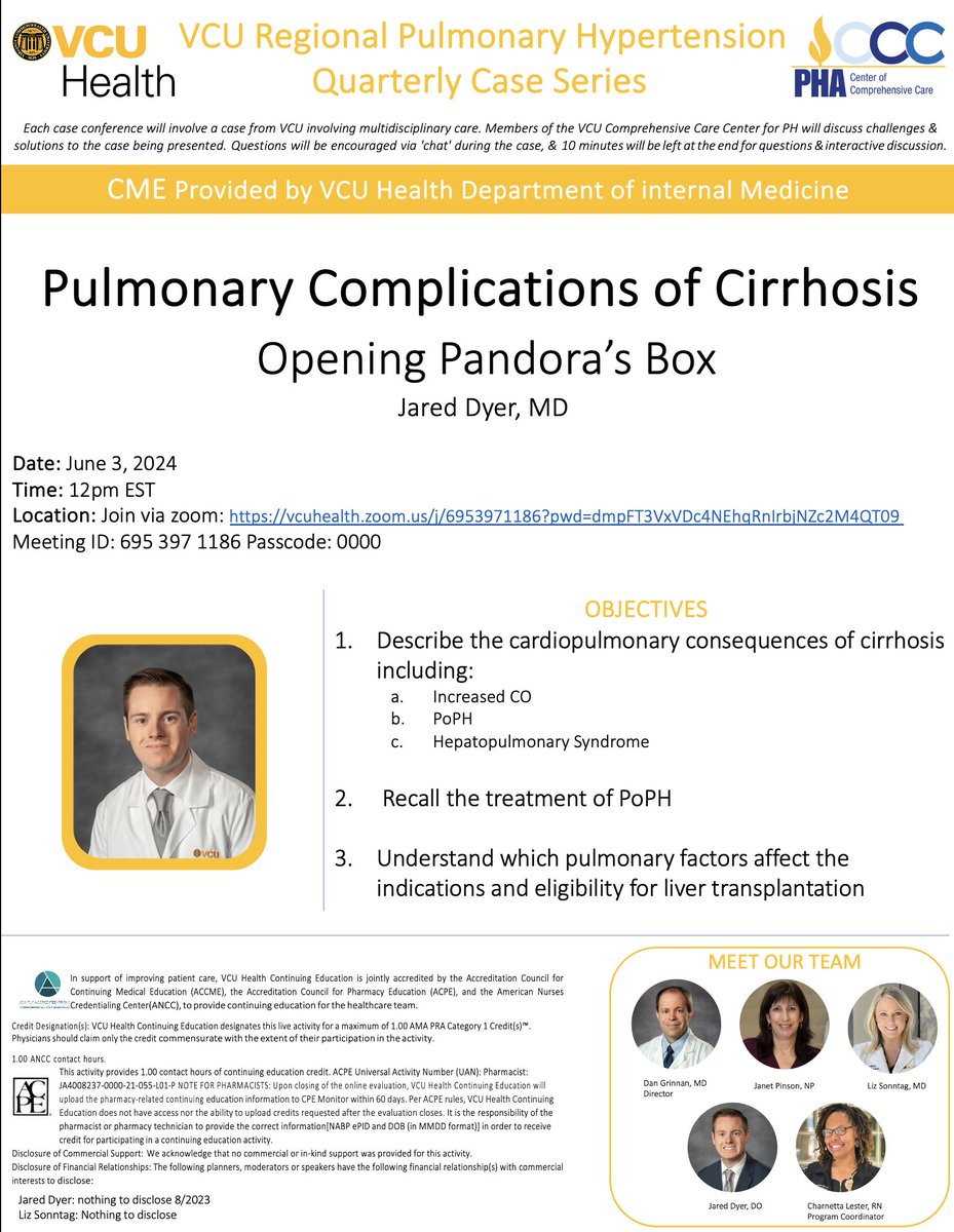 Hey #PHPeeps Join us to learn about #Cirrhosis #PulmonaryHypertension and Liver Transplantation w/ @DrJaredDyer June 3, 2024 12pm EST Join via zoom: vcuhealth.zoom.us/j/6953971186?p… Earn CME! @VCU_PCCM @UVA_PCCM @InovaHealth @VCUHealth @VCU_Liver