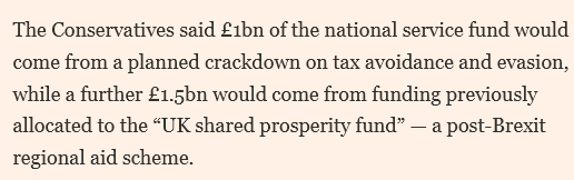 Hang on, hang on, hang on...

The Tories just made the reintroduction of national service their first major pledge of the GE campaign.

But buried in the FT story that broke the news is this little nugget...

Does this mean that the already dire post-Brexit funding is going away?