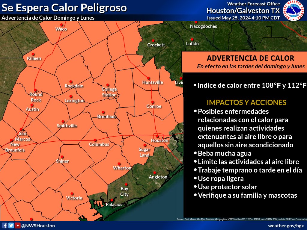 ¿Qué? Advertencia de Calor 🔥 ¿Cuándo? En las tardes del domingo y lunes 🌤️ ¿Qué deben hacer? Practique la seguridad contra el calor como las enumeradas en la imagen 🥤 #ElTiempo #TXwx #Houston