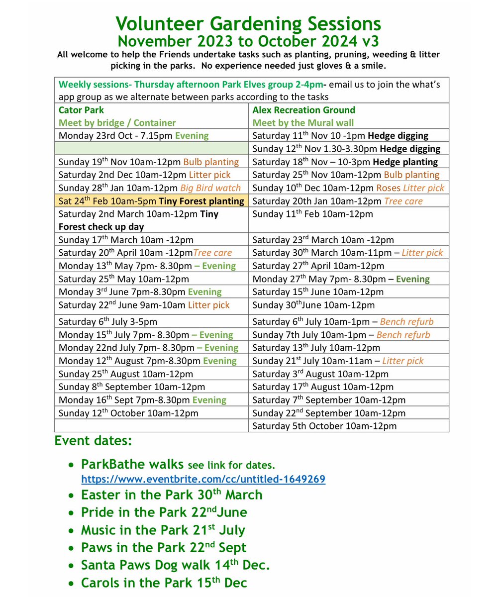 Our revised dates / plan for weekend and evening sessions We also have a Thursday group 2-4pm - let us know if you’d like to be added to our volunteer what’s app groups 💚🪴