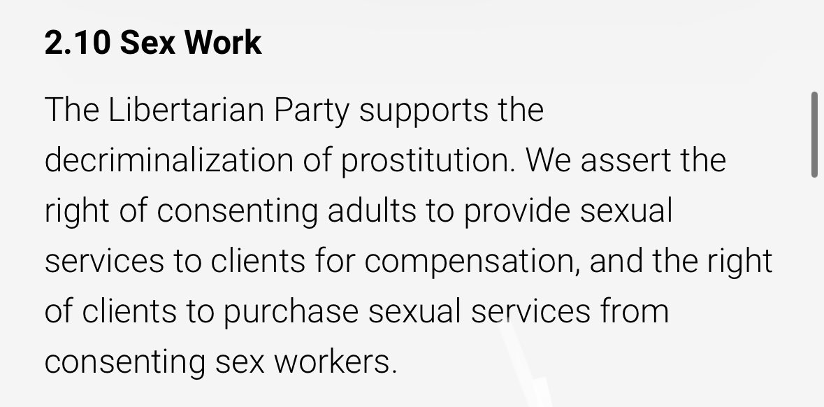 #SexWorkIsWork The Libertarian Party is the only political party that takes a firm stance on sex work decriminalization. I encourage all of my friends and colleagues in the #SexWork industry to register and vote libertarian. Get involved in your local LP, and demand