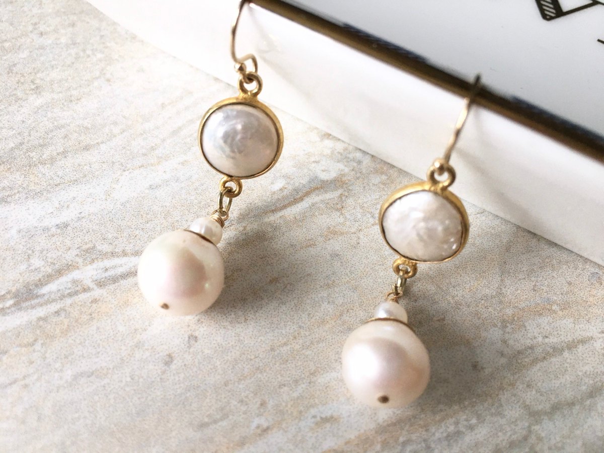 Fancy Freshwater Pearl Gold Fill Earrings, Natural Coin Pearls in Gold Vermeil Setting, Destination Wedding Jewelry tuppu.net/e55ebe74 #Handcrafted #JemsbyJBandCompany #Jewelry trends