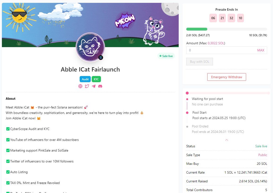 🟢🟢🟢It's time to buy $iCat tokens on PinkSale pinksale.finance/solana/launchp… Abble iCat has already sold out a pool of 8M $iCat on SolSale, raising over 40 SOL. On PinkSale, 32M $iCat tokens will be distributed. Hurry up to join the Fair Launch and fill your bag with high-potential