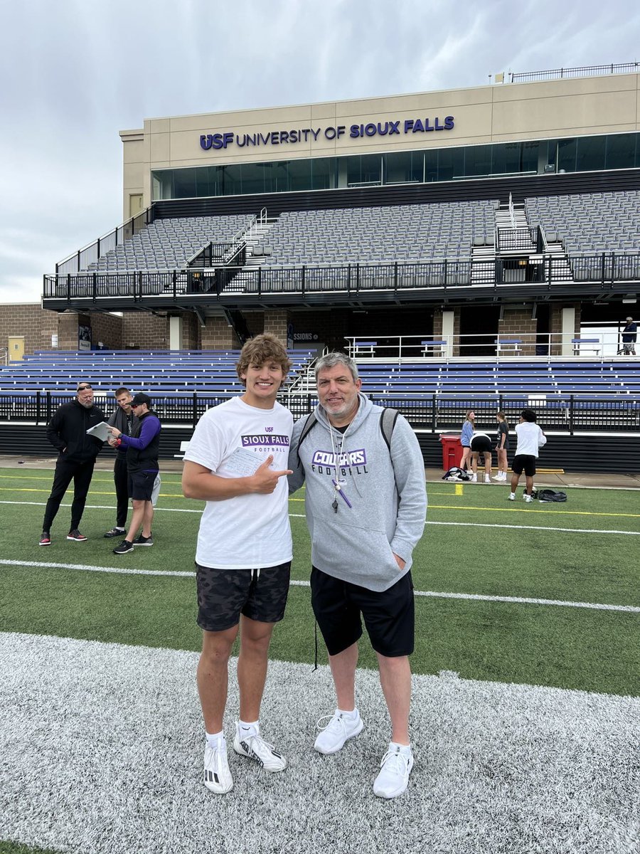 After a great camp, I am excited to announce I have received my first offer to play football at the University of Sioux Falls!! I want to thank <a href="/CoachLueds/">Lucas Lueders</a>  and <a href="/JimGlogowski/">Coach Glo</a>  for the amazing opportunity!! #GOCOO ⚫️🟣⚪️