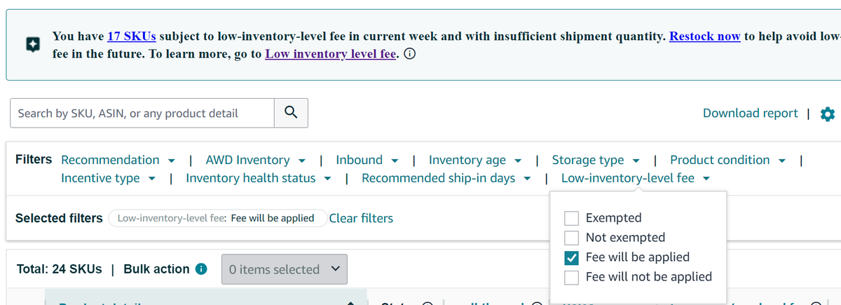 JeffSendsIt's tweet photo. How to Check & Manage Low Inv Fee

-Go to FBA Inventory
-Look for filter that says Low Inventory Fee
-Filter for Fee Will be Applied
-This will show the items that have historical days under 30 and that hit all the other crazy variables Amazon has decided will make u eligible for low inv fees
-They update this report weekly some point Sunday night / Monday morning
-Any items on this list, if Amazon SHIPS an item FBA that week you will pay the fee.  YES, that means items you sold when they were exempt from the fee you will still be responsible to pay the fee.  Why?  Bc Amazon is nuts!

Ultimately, with new criteria and some level of management on front end u shouldn't have too many skus eligible.  We have 7k skus and only have 24 total eligible.  However, if i move on average 50 units a week on those skus that is 1,200 units and looking at $600 to $1.2k low inv fee in a given week or $2.5 to $5k in a month on a slower month.  

I'd rather keep that money so we will try to minimize the fee with some.  I'll add some notes on how that can be done in threads.