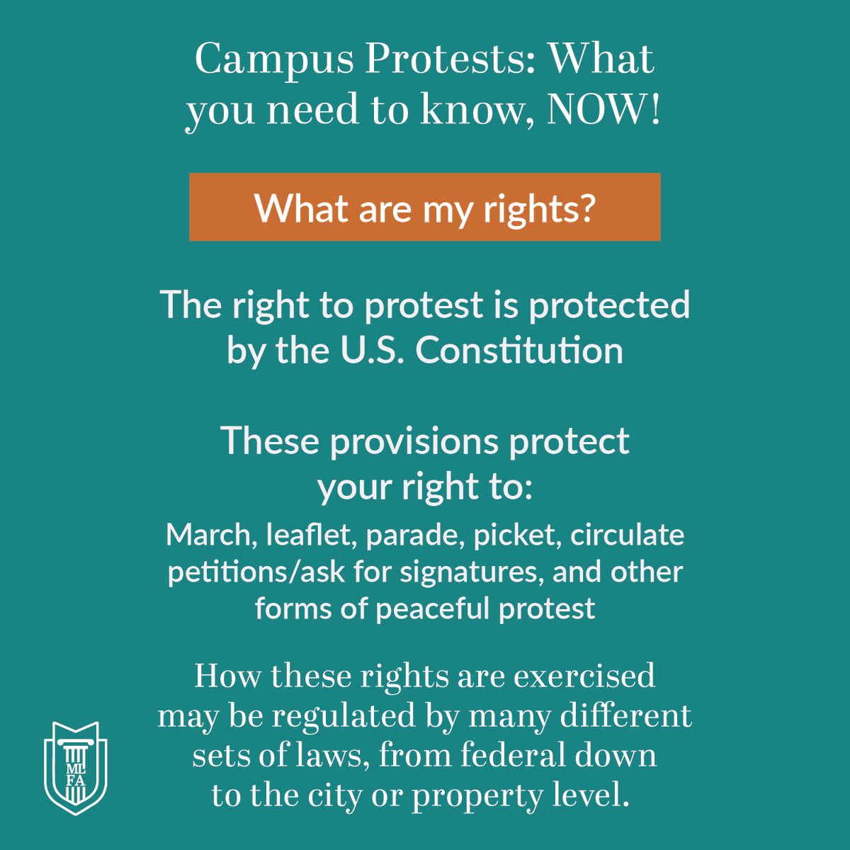 Are you or someone you know a college student protesting in anti-war demonstrations?​

Here are more tips for any student protesters across the nation looking for legal advice. ​

Visit MLFA.ORG for a hub of free videos and resources
