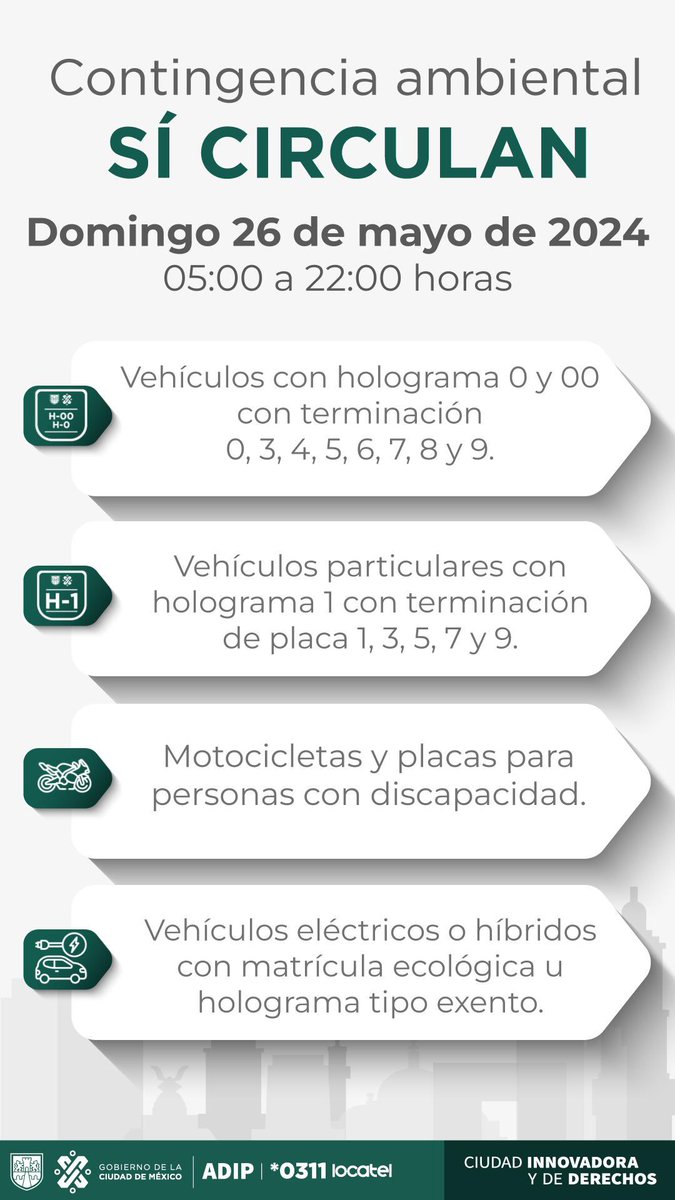 🚨⚠AVISO IMPORTANTE⚠🚨 
Por tu #Bienestar y comodidad
 
Este domingo familiar 26 de mayo del 2024 se activa la Fase I de #ContingenciaAmbiental Atmosférica por ozono en la Ciudad de México #cdmx #edomex
 
▶️Consulta todos los detalles en:  gob.mx/comisionambien…