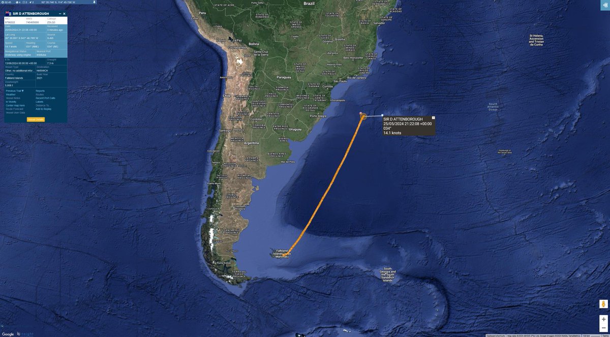 #RRSSirDavidAttenborough Here is a look at the Attenborough's progress back to the U.K. #vesseltracking by @BigOceanData