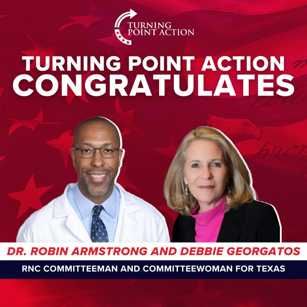 Big wins in Texas this weekend! Congratulations @DebbieCanWeTalk on winning her RNC Committeewoman race & @Robinlynnarmst1 on his re-election as RNC Committeeman for the @TexasGOP 👏🏼