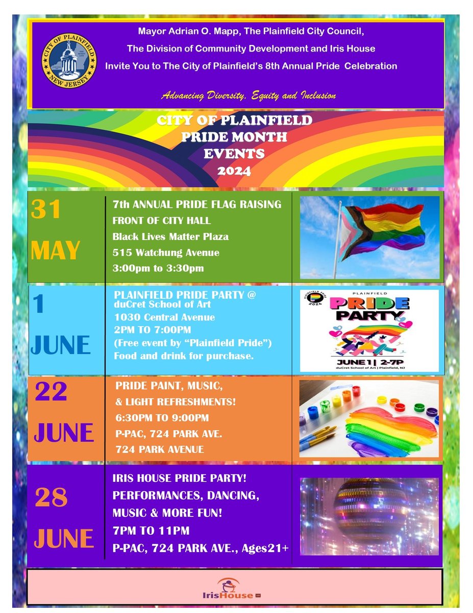 🌈✨ Let's celebrate Pride Month in style! 🎉 Join us for a series of exciting events starting May 31st! 🏳️‍🌈 We'll kick things off with a Pride Flag Raising accompanied by music, food trucks, and endless fun! 🎶🍔

#PrideMonth #CelebrateLove 🏳️‍🌈✨