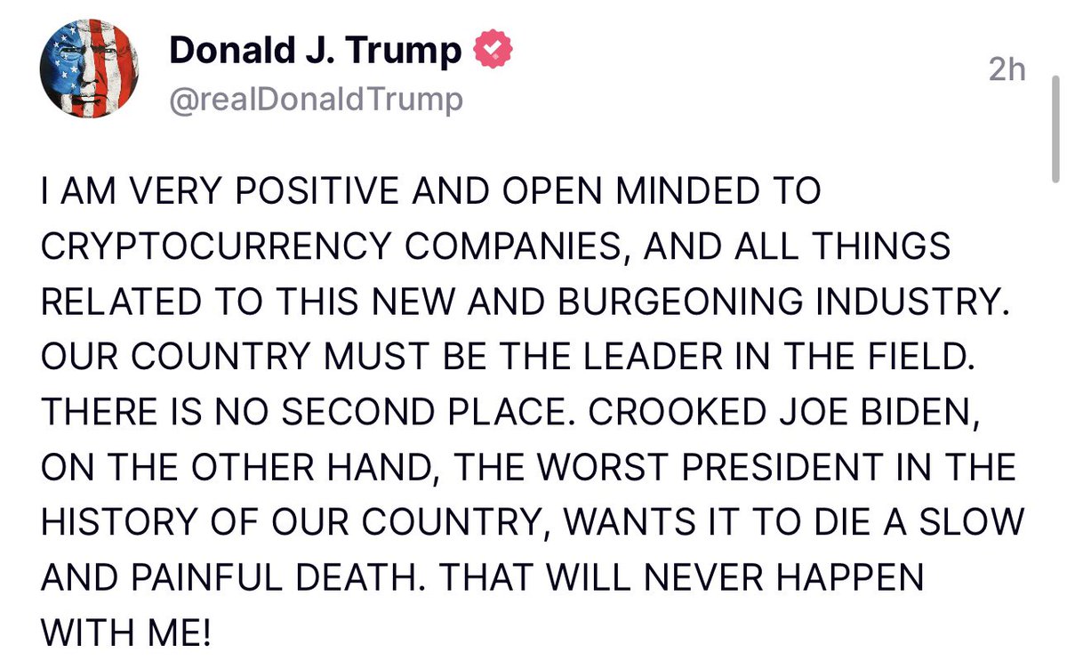 🚨 Trump bullish on crypto! 🇺🇸 “I AM VERY POSITIVE AND OPEN MINDED TO CRYPTOCURRENCY COMPANIES, AND ALL THINGS RELATED TO THIS NEW AND BURGEONING INDUSTRY. OUR COUNTRY MUST BE THE LEADER IN THE FIELD.”
