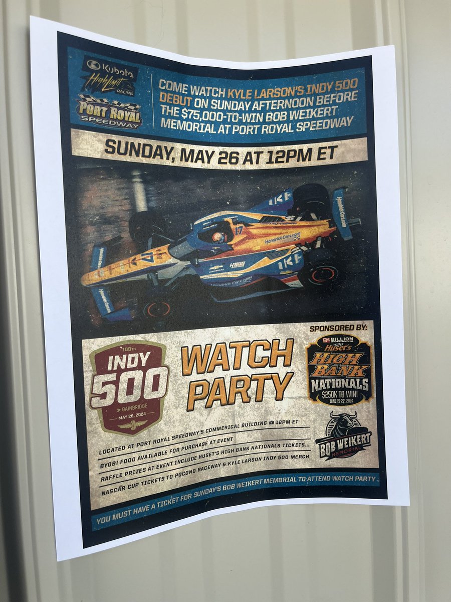 Our #Indy500 Watch Party pres. by @HusetsSpeedway High Bank Nationals has AMAZING prizes for fans: 🎟️: 2024 Brickyard 400 from our friends @IMS 🎟️: 2024 #NASCAR Cup race @PoconoRaceway 🎟️: 4-day 2024 Husets High Bank Nats 🎟️: pit passes 2024 Tusky 50 + signed Larson Indy merch