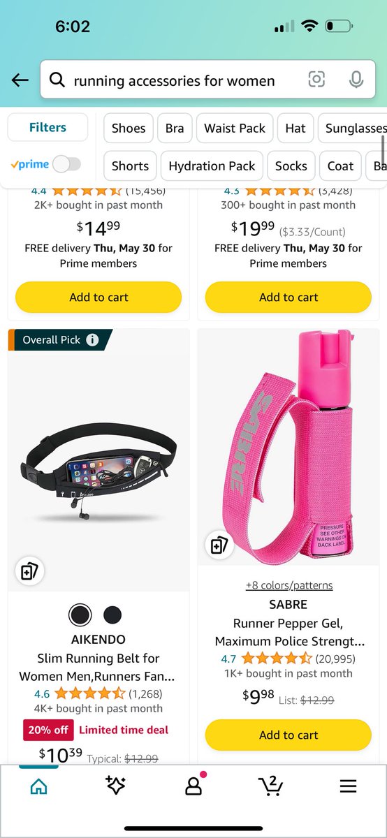 the sad reality of being a woman in america: looking up running accessories on amazon and being given options for safety alarms and pepper spray