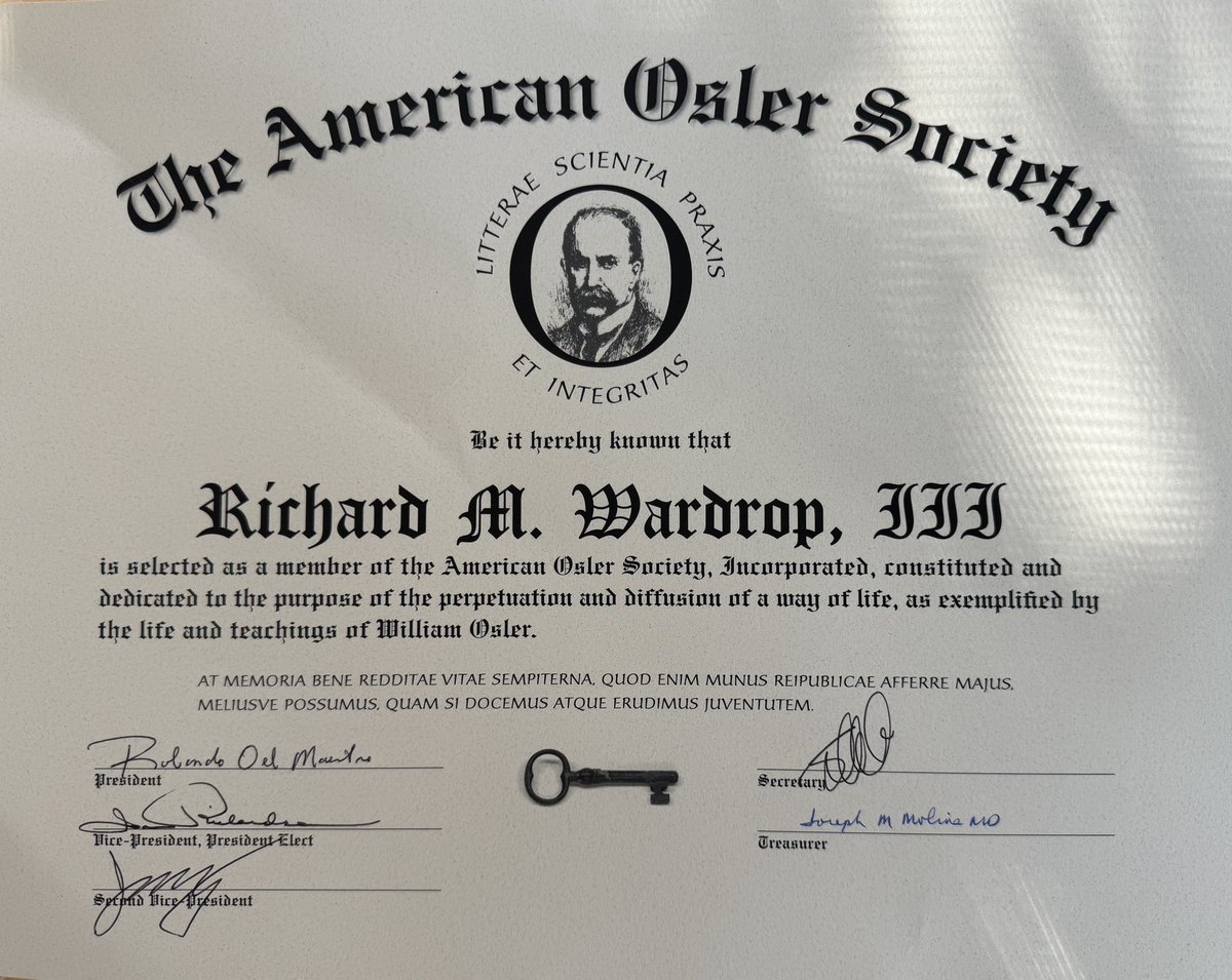 Thank you @AmericanOsler for my membership certificate! Very honored to be a part of this stellar organization! #IMProud @ACPIMPhysicians @SocietyHospMed @ABIMcert @AAIMOnline
