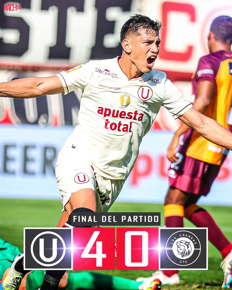 L1MATCH's tweet photo. FINAL del PARTIDO                
🇵🇪#Liga1

Universitario 4⃣-0⃣ Los Chankas

⚽️Edison Flores 11', 68' 
⚽️José Rivera 21' 
⚽️Álex Valera 56' https://t.co/OC58vyLmAe