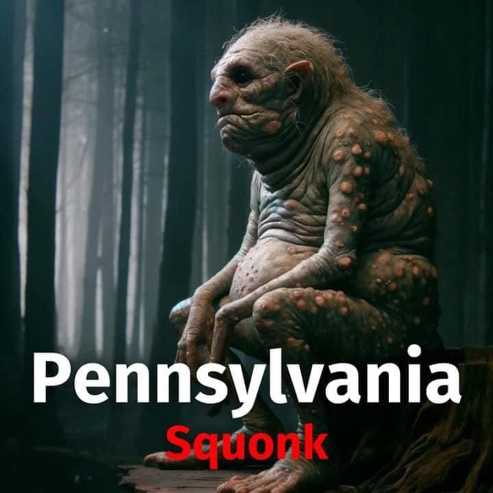 Tell me your state and I’ll share a mythical creature from there. Pennsylvania: Squonk Origin: Hemlock Forests Description: A weeping creature known for its hideous appearance. First-Hand Account: Hunters have reported hearing sobs and seeing puddles of tears in the woods.