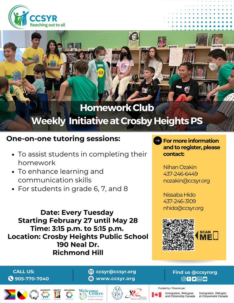 We have one-on-one tutoring at Crosby Heights Public School for students in Grade 6, 7, and 8 who need help with homework. Contact nozakin@ccsyr.org or nhido@ccsyr.org to register. #HomeworkHelp #Tutoring #CCSYR #StudentSupport