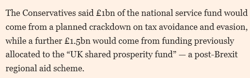Red alert! The Tories plan to take away post-Brexit funding. That will hurt the poorest regions most. The FT story about their planned introduction of compulsory national service (!) says that £1.5 billion a year would come from the funds meant to replace EU structural funding.