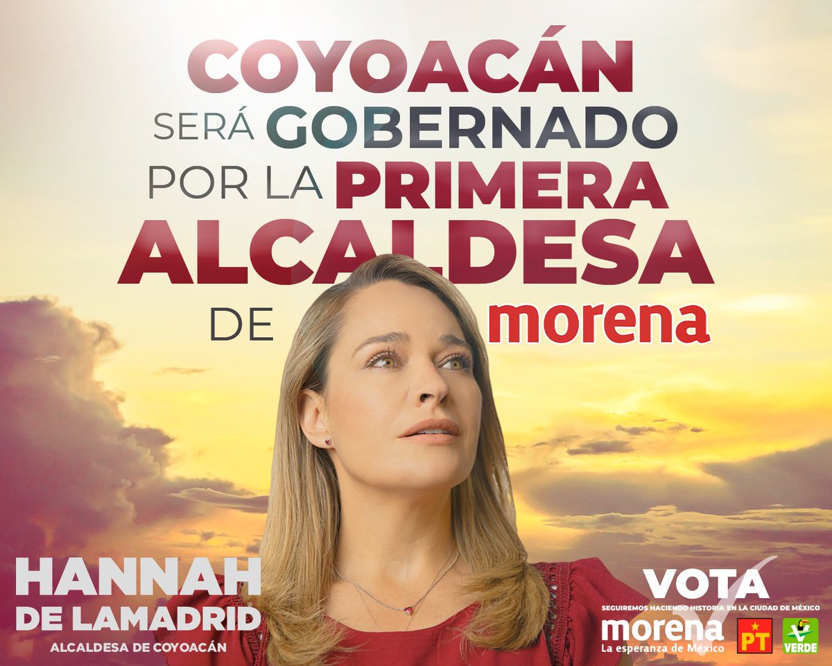 Con tu voto, haremos historia en Coyoacán con la primera mujer alcaldesa de Morena. ¡Hagamos que la 4T traiga de lleno los programas sociales y beneficios que transforman vidas! 👩🏼✅🗳️ #VotaXHannah #Morena