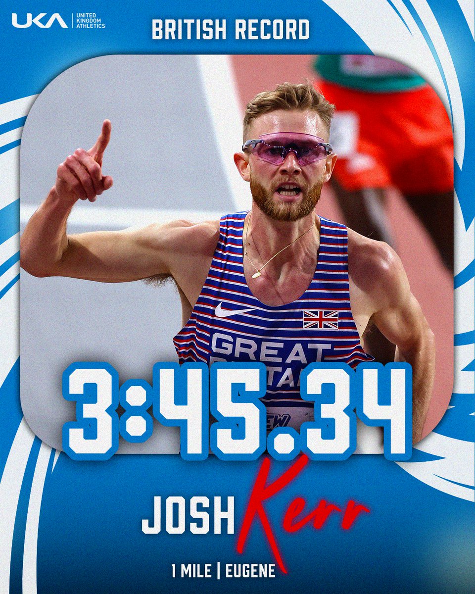 This man is SPECIAL 💫 @joshk97 sets a new British record in the mile with a time of 3:45.34 🤯 He's beaten Steve Cram’s record (3:46.32) which stood for 39 years, WOW! #EugeneDL